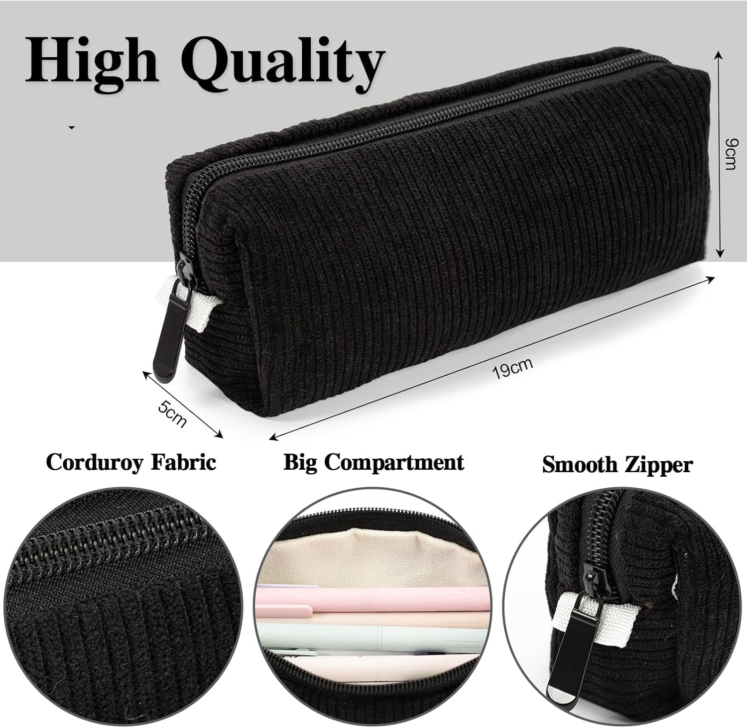 Pencil Case,Small Portable Corduroyfabric Pen Holder Storage Bag for Home School Office,Makeup Pouch Cosmetic Bag Office Stationery Organizer for Girls Boys Kids Adult (Black) image number 6