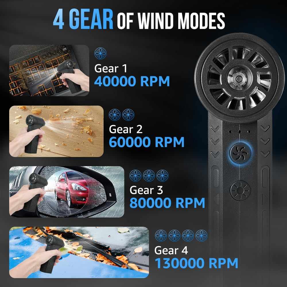 AUTOWT Electric Air Duster, 130000RPM Portable Rechargeable Cordless Air Blower with LED Light and 2 Nozzles, 4-Speed Adjustable, for Computers Car Keyboard Electronics Cleaning image number 3