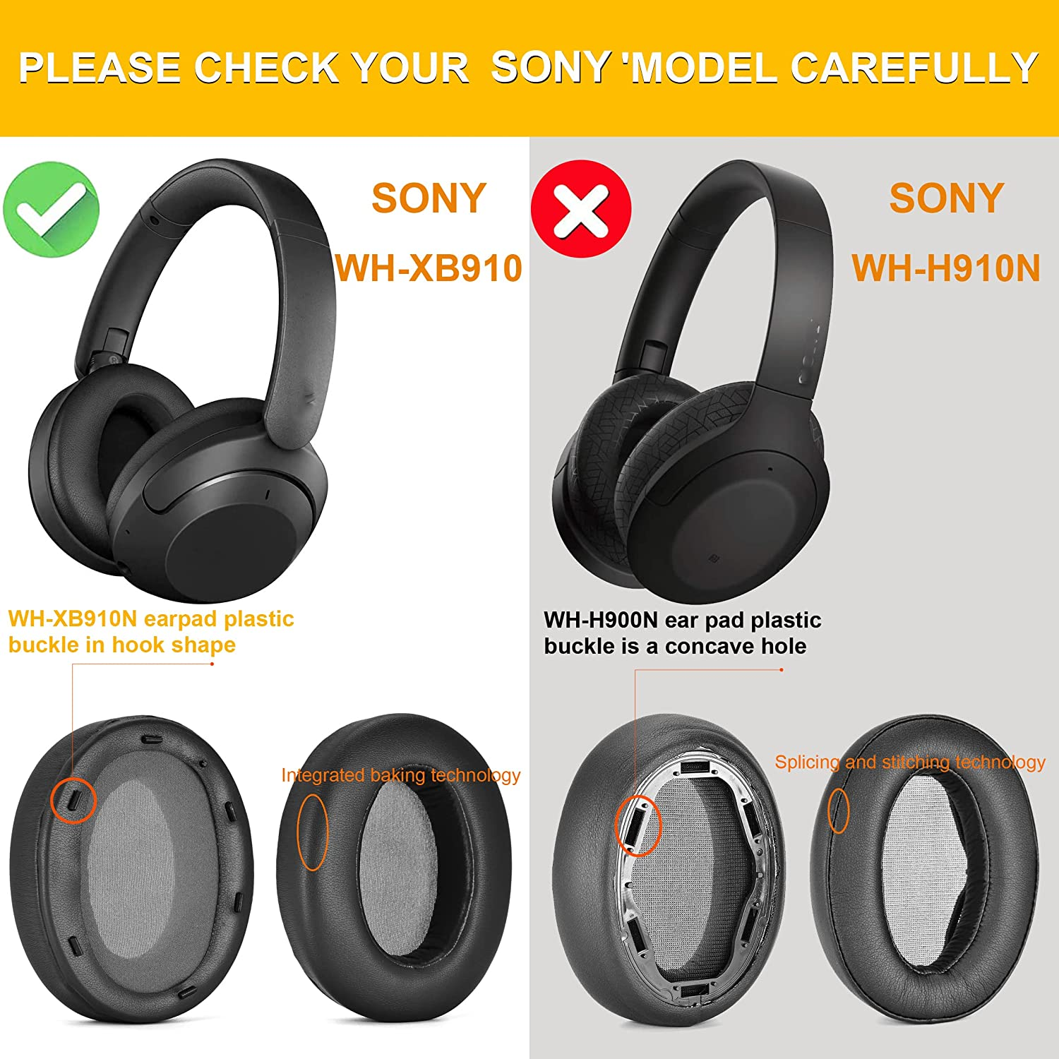 WHXB910N Earpads Cushions Replacement Compatible with Sony WH-XB910 XB910N Extra Bass Noise Cancelling Headphones, Ear Pads with Softer Protein Leather (Black) - Black Cooling Ge image number 6