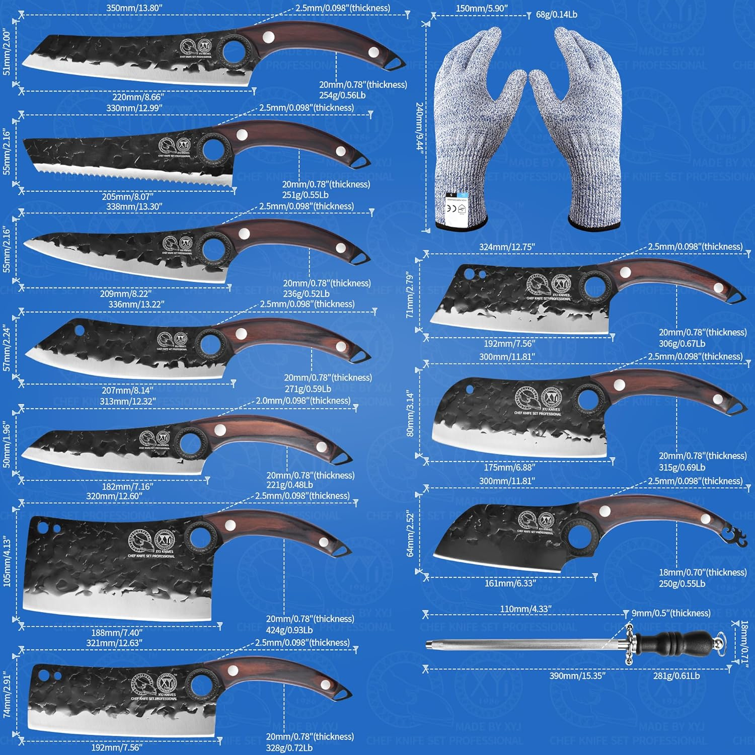 XYJ 10-Pcs Kitchen Knife Set,Forged Chef Knives,Vegetable Meat Cleaver,Carving,Nakiri,Full Tang,Cutlery Knife with Carry Bag,&Poultry Scissor (Coffee) image number 7