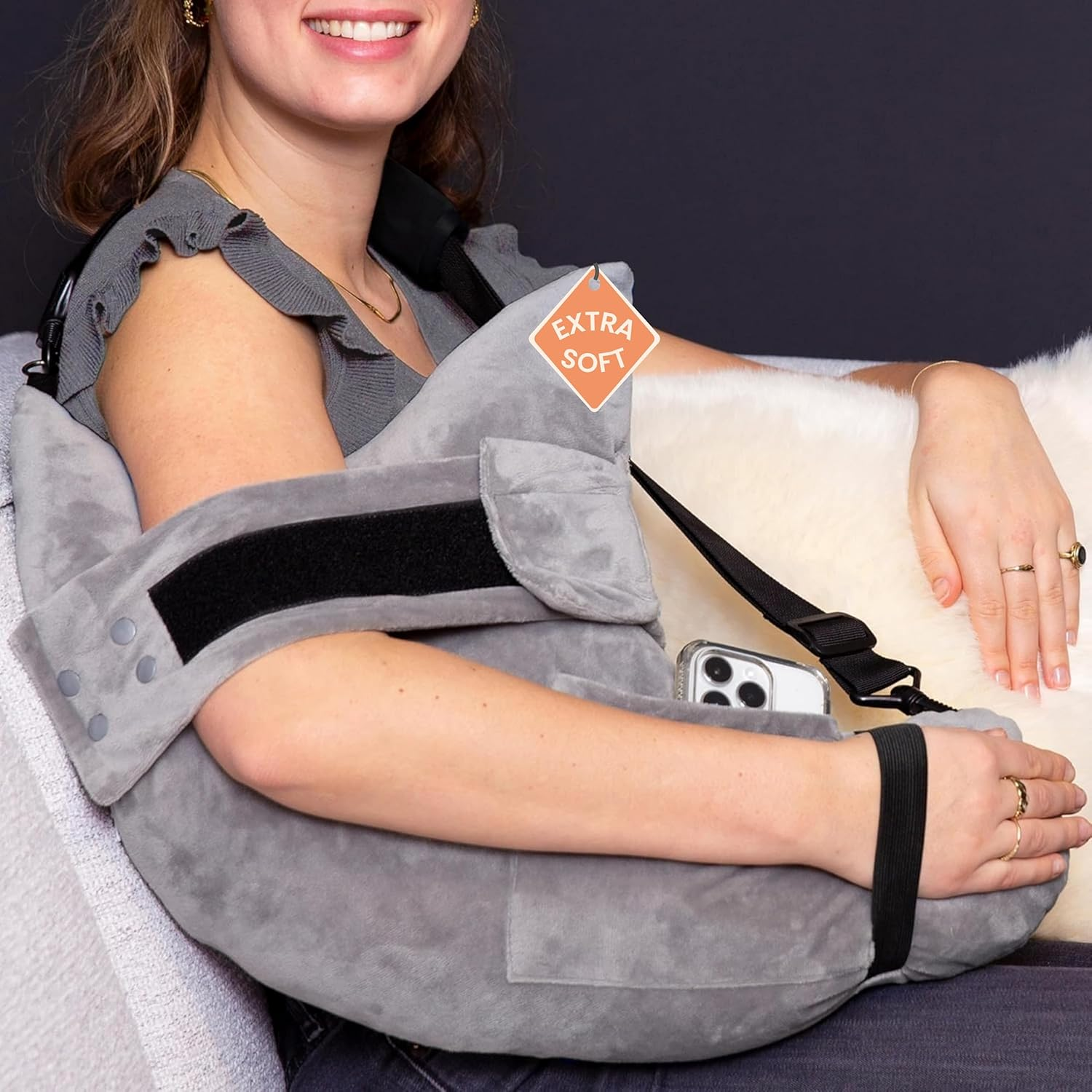 MOYOAMA Post Shoulder Surgery Pillow with Pocket- Rotator Cuff Pillows for Sleeping, after Surgery Must Haves, Rotator Cuff Sleeping Pillow- Moonlight Grey, with Arm & Shoulder Strap (L)