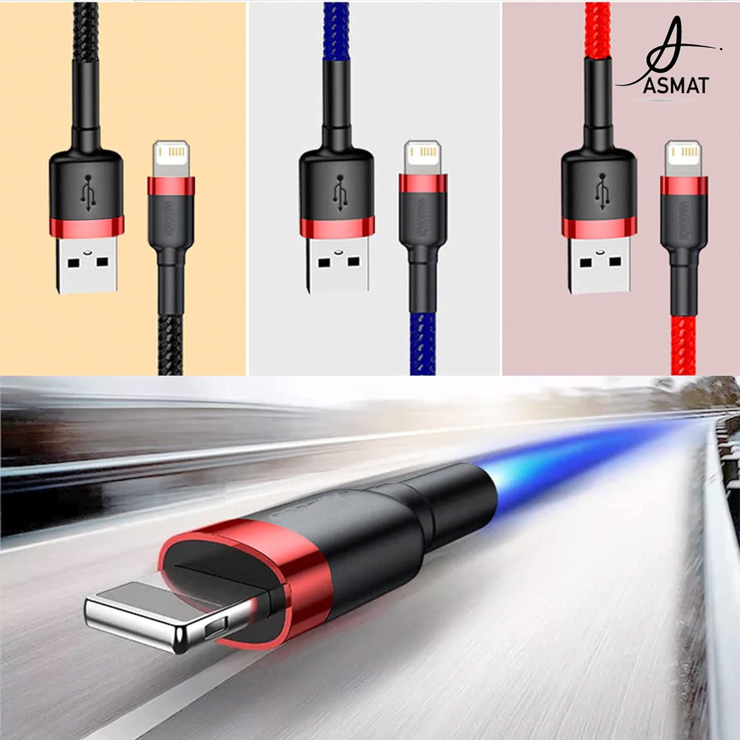 ASMAT Braided Fast Iphone Charger Cable Compatible for Apple Iphone 7 8 X 11 12 13 14 Pro Ipad & Airpods - Red Color 2 Meter