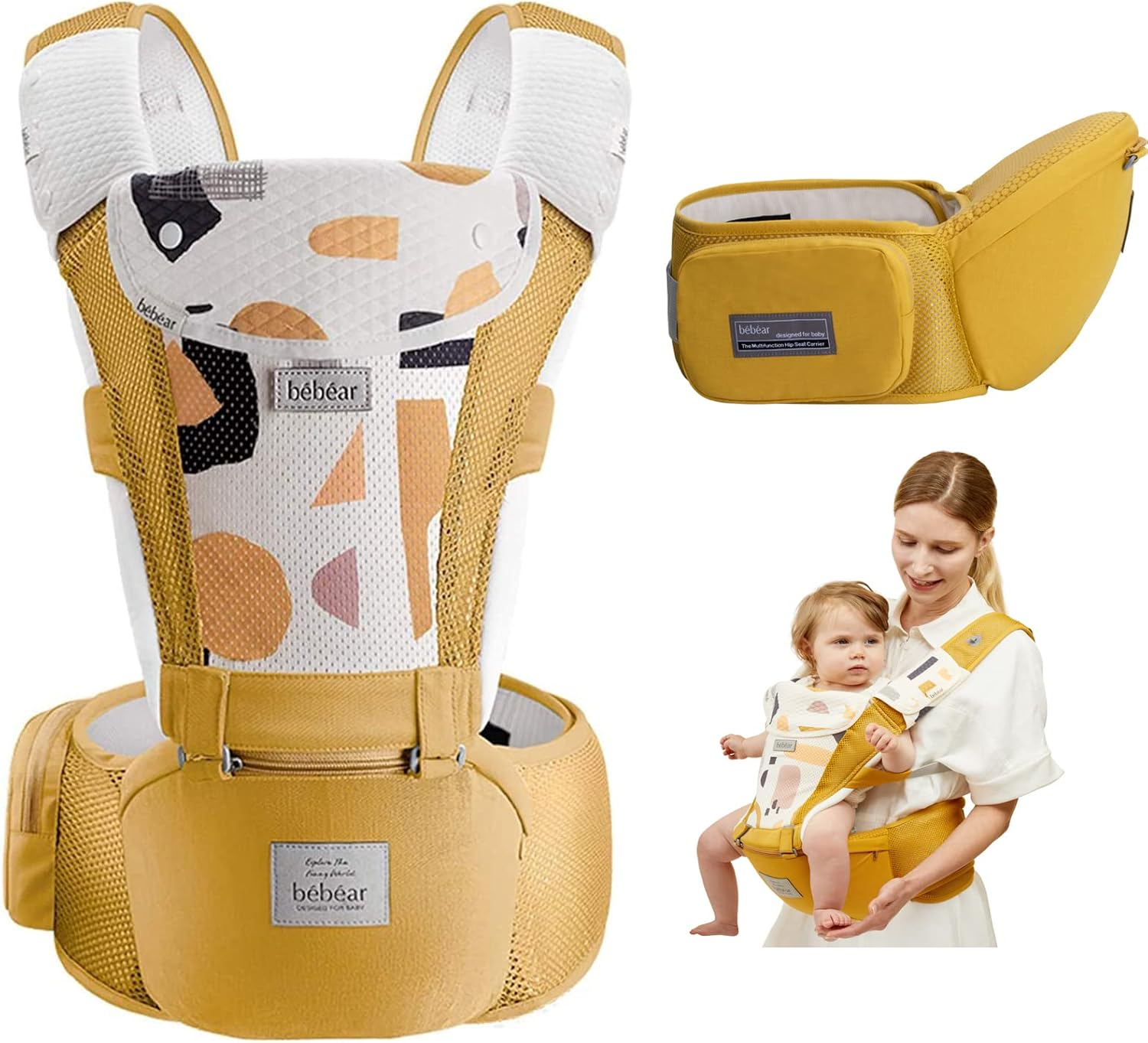 Bebamour Mesh Newborn Baby Carrier Front and Back Carry Baby Newborns to Toddler Baby Hip Carrier (Yellow) image number 4