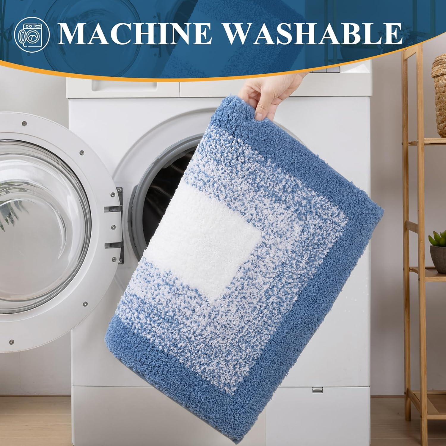 Bsmathom Bathroom Rug Set 3 Piece, Non-Slip Plush Shaggy Bath Mat, Soft and Absorbent Microfiber Bath Rugs for Bathroom, Tub and Shower Machine Washable,Blue image number 3