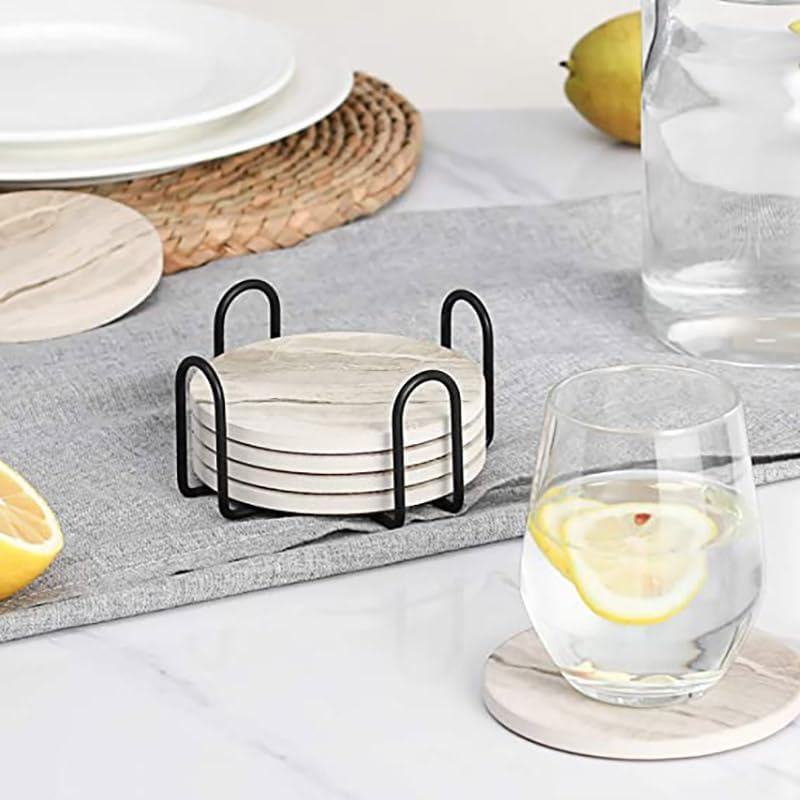 QYINXIU Drink Coasters with Holder, Absorbent Coaster Sets of 6, Marble Style Ceramic Drink Coaster for Tabletop Protection,Suitable for Kinds of Cups, Wooden Table, Cool Home Decor, 4 Inches (Beige)