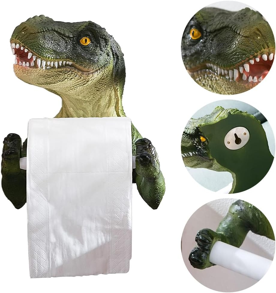 MOTRAIN Funny Dinosaur Toilet Paper Holder, Wall Mounted Resin Bathroom Shelf, No-Drill Towel & Paper Roll Hanger, Quirky Home Decor Accessory for Kids & Adults