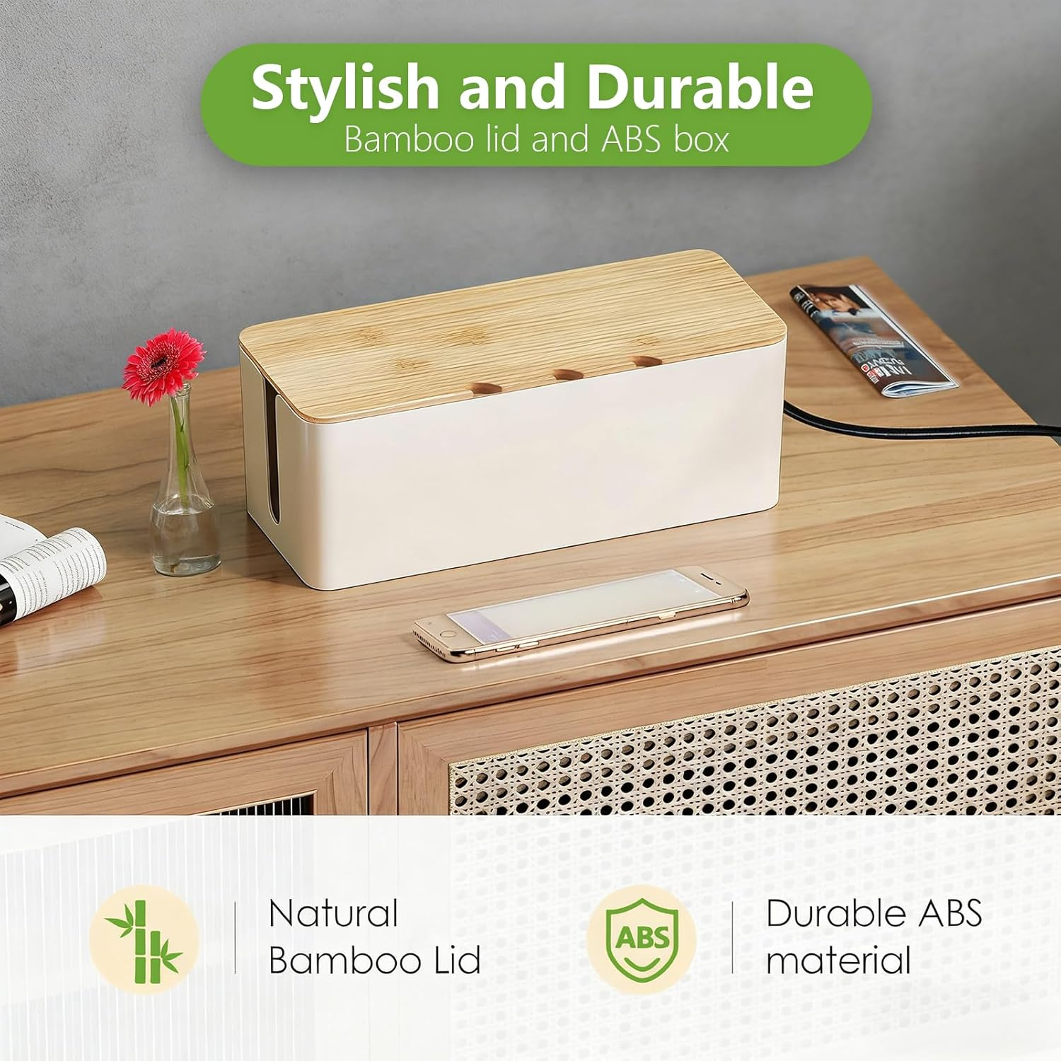 3 Pcs Cable Management Box, Cord Organizer Box with Bamboo Lid & 20 Cable Ties, Safe ABS Material, Wire Organizer for TV, Computer, Router, USB Hub and under Desk Power Strip image number 6