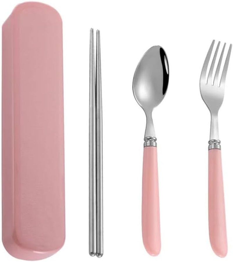 3PCS Travel Utensils with Box, Portable Utensils, Chopsticks, Spoons, Forks Travel Picnic, Reusable Tableware (Pink, One Size)