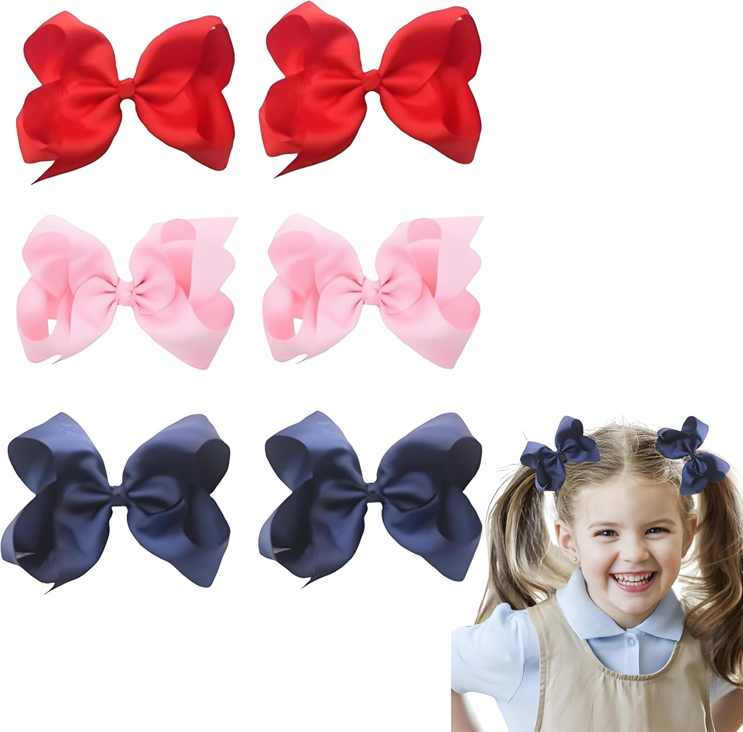 6 Inch Grosgrain Ribbon Hair Bows with Alligator Clips for Girls,Baby Girls, Toddlers, Kids & Teens(6Pcs,3 Color) image number 4