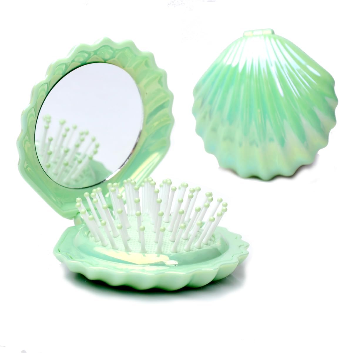 Maji Mama Foldable Travel Hair Brushes with Mirror Shell Shape Portable Folding Pocket Hair Brush Mini Hair Comb Compact Size Hair Massage Comb (Pink)