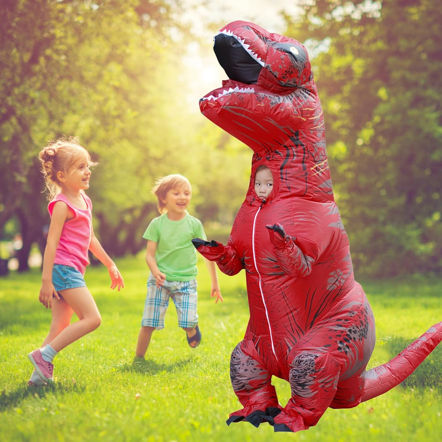 Inflatable Dinosaur Costume for Kids, Halloween Inflatable T-Rex Costume, Blow up Trex Costume, Halloween Costumes for Boys Girls, Funny Party Cosplay Fancy Dress Costume (Red)