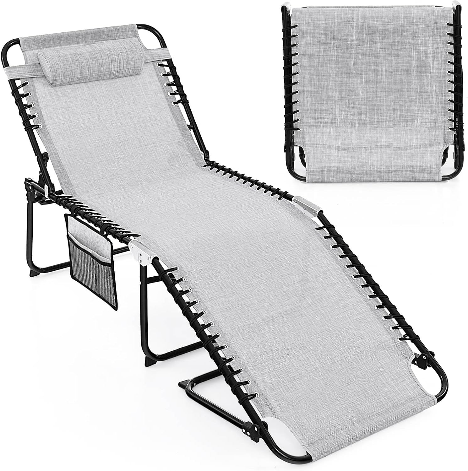 Costway Patio Folding Chaise Lounge, Oversized Portable Lay Flat Reclining Chair W/ 4-Level Backrest, Side Pocket & Detachable Headrest, Outdoor Sun Tanning Chair (168-188 X 69 X 41-86 Cm (L X W X H)) image number 3