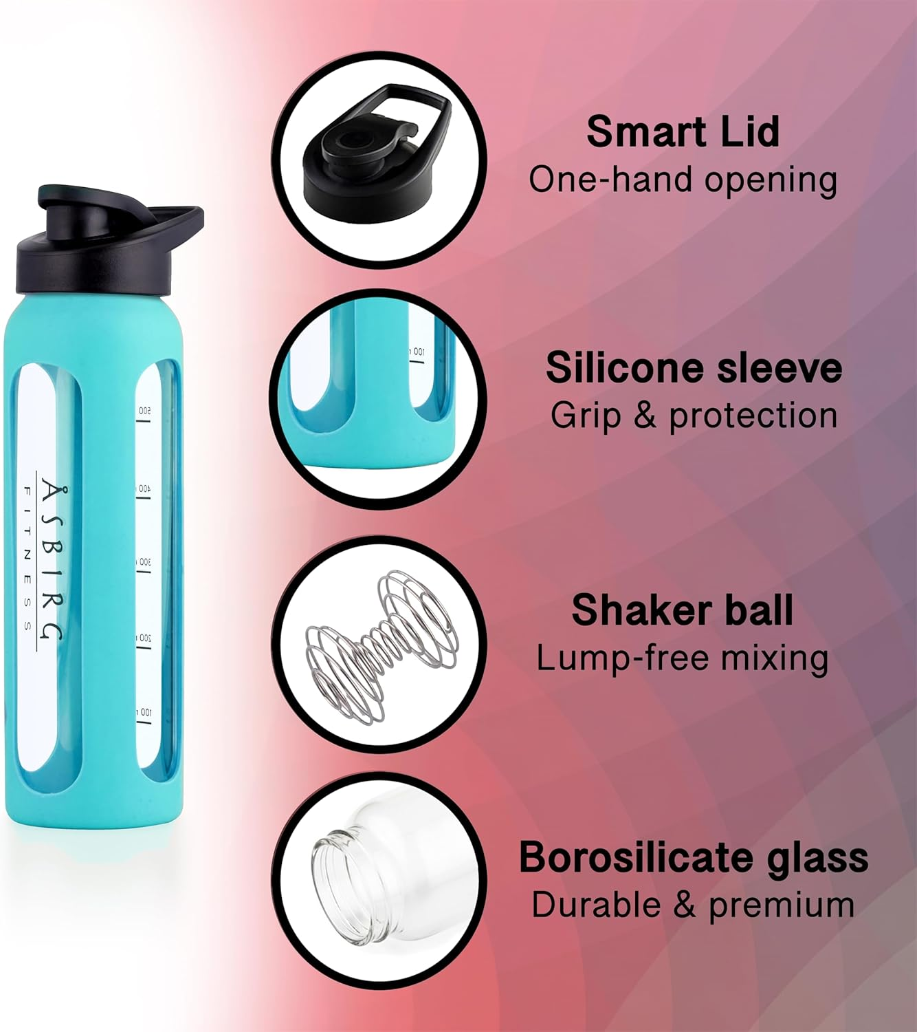 Asbirg Glass Protein Shaker 700 Ml - Bpa-Free, Leak-Proof & Robust - Protein Shaker with Borosilicate Glass Mixball - Drinking Bottle for Fitness & Sports | Aqua Blue image number 1