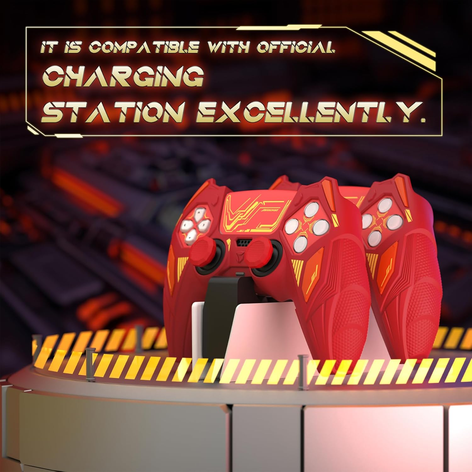 Playvital Mecha Rhino Silicone Cover for Ps5 Controller with Thumb Grips & Stickers, Anti-Slip Controller Grip Skin Accessories Compatible with Ps5 Charging Station - Maple Red & Brick Red