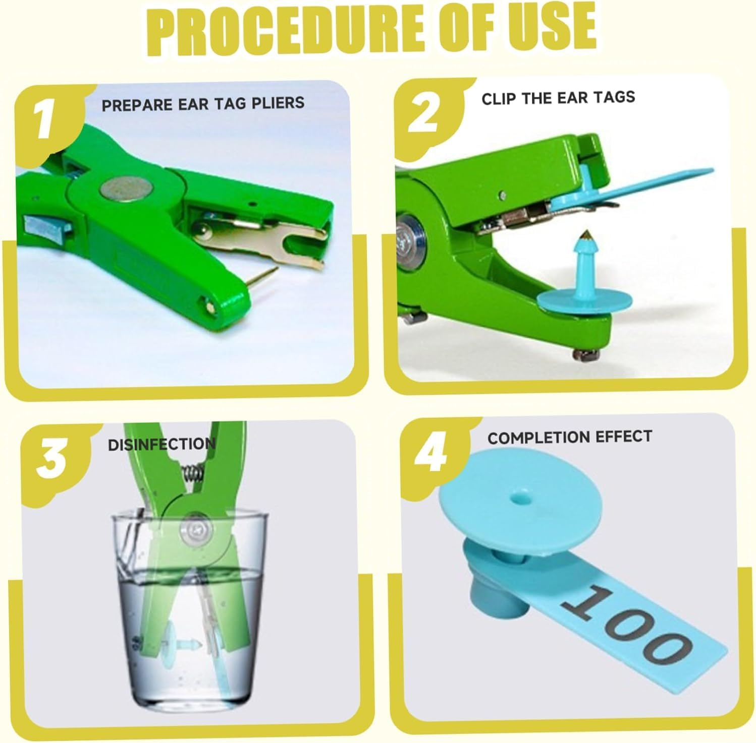 100 Pcs Durable Yellow Livestock Ear Tags Numbered 1-100 with Vibrant Color and Printed Words for Cattle, Sheep, Pigs image number 1