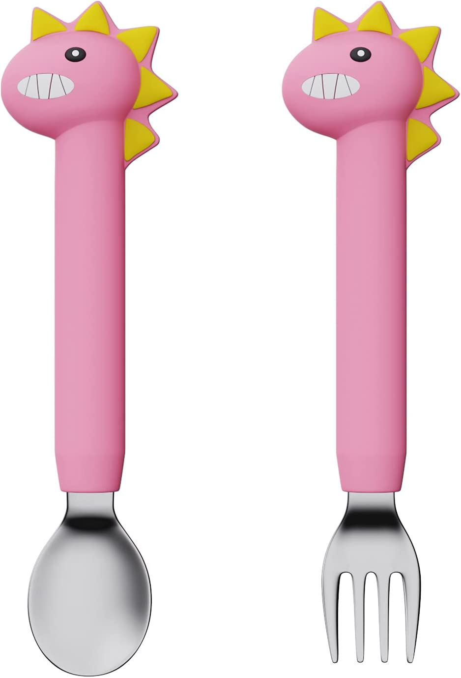 SFCCMM Baby Forks and Spoons Set Baby Training Utensils Self Feeding Toddler Silverware Silicone and Stainless Steel Kids and Toddler Utensil (Green Dinosaur - Long)