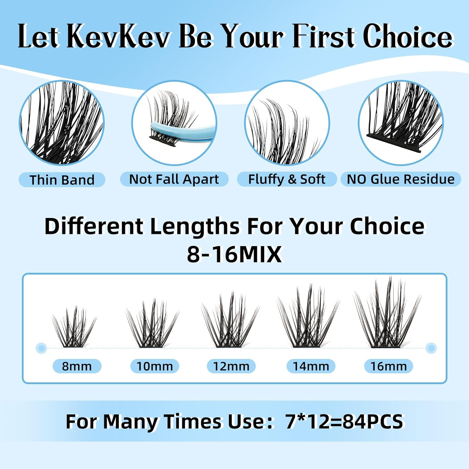 Kevkev DIY Lash Extension Kit Lash Clusters Kit 84 Pcs Cluster Lashes with Lash Bond and Seal 5 Ml Lash Glue Remover Overnighter Seal and Lash Applicator for DIY Eyelash Extension(Cloudy Kit,D-8-16Mix) image number 3