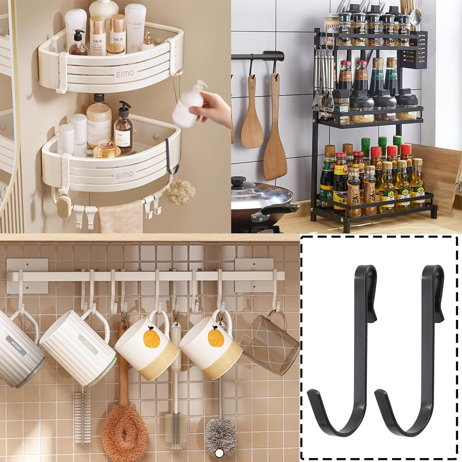 AUXBC 20Pcs J Shaped Hook Stainless Steel Hanger Hooks Clip-On Hook Wire Rack Hook Hanging Sink Grid Hook Shelf Hooks for Kitchen Bedroom Office, Black - Black image number 5