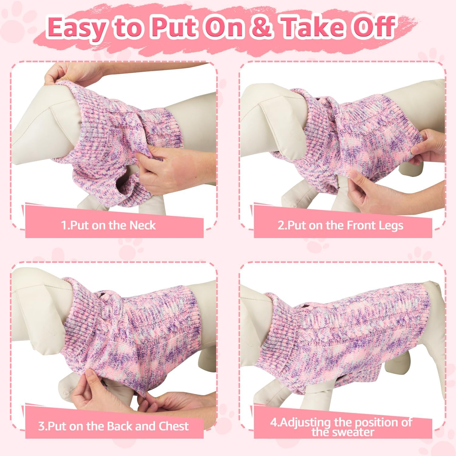 AUTOWT Dog Sweater Sweatshirt - Turtleneck Classic Cable Knitted Doggie Knitwear with Leash Hole,Winter Warm Soft Jumpers Pet Pullover Coat Clothes for Puppy Small Medium Dogs image number 4