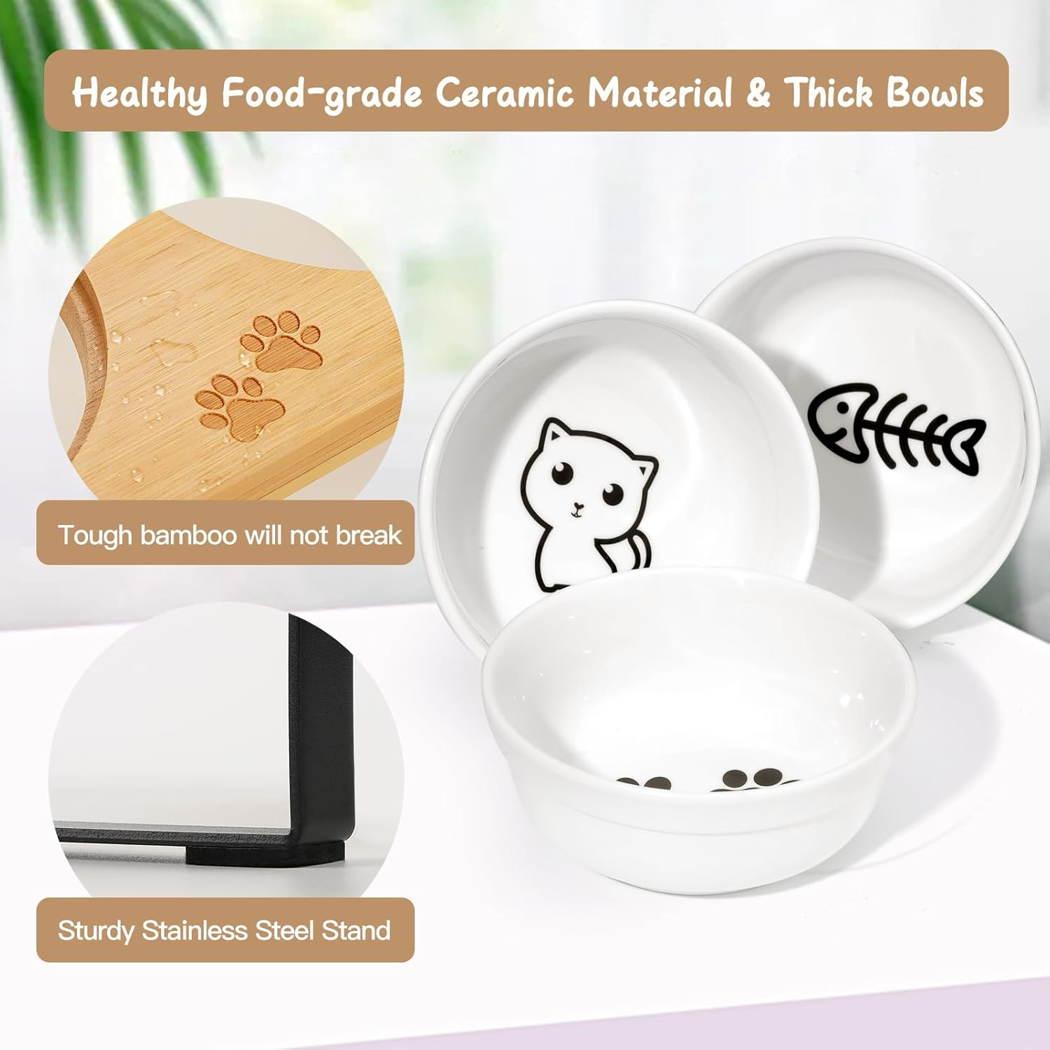 3 Elevated Cat Bowls Tilted anti Vomiting Ceramic Raised Cat Food Bowls for Food and Water, Cat Dishes for Indoor Cats with Non-Slip Stand & Bamboo Board, Dishwasher Safe - 1 Step Assemble image number 2