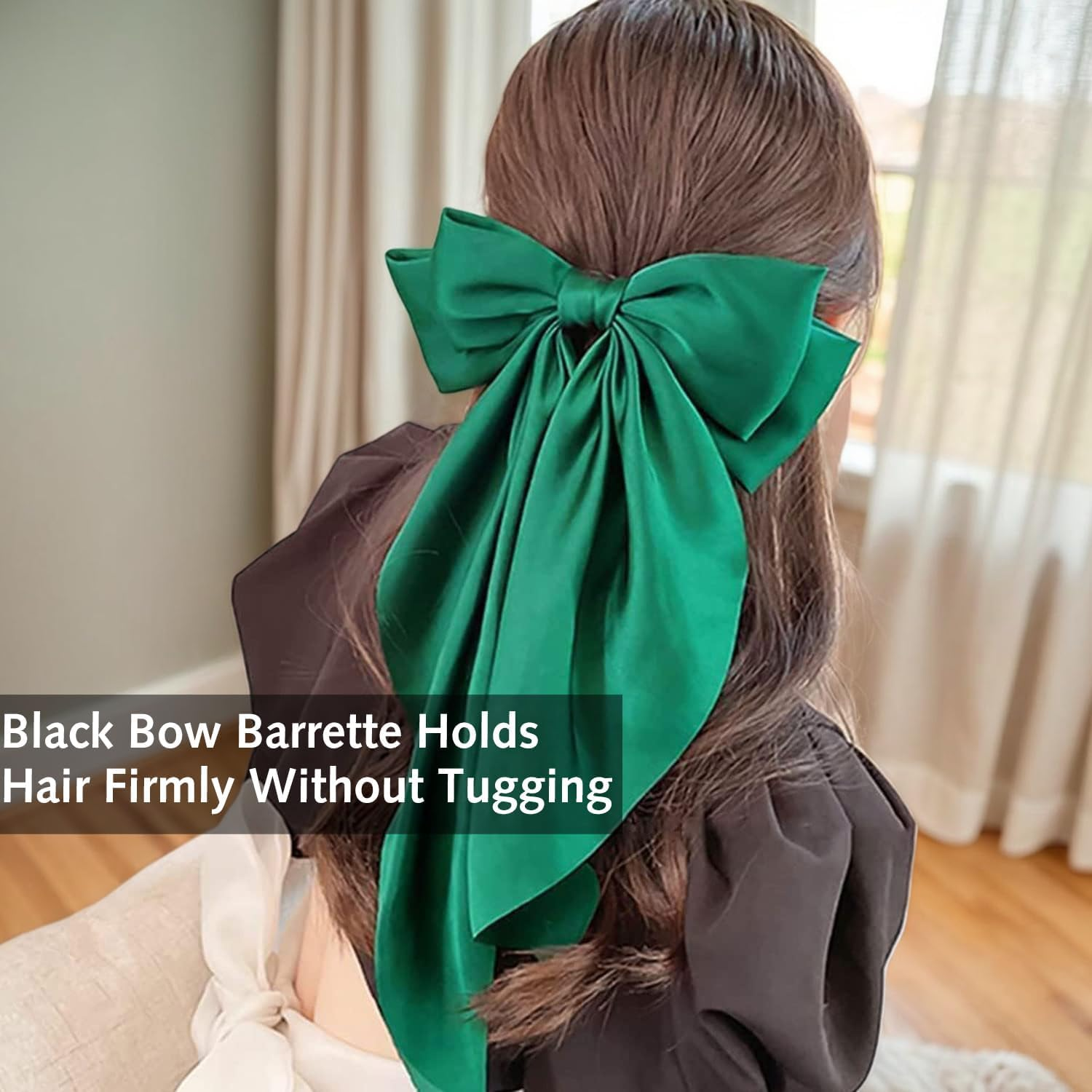 Pack of 1 Bow Hair Clip, Big Bowknot Hairpin with Long Silky Satin, Plain French Barrette for Women and Girls (Dark Green) image number 2