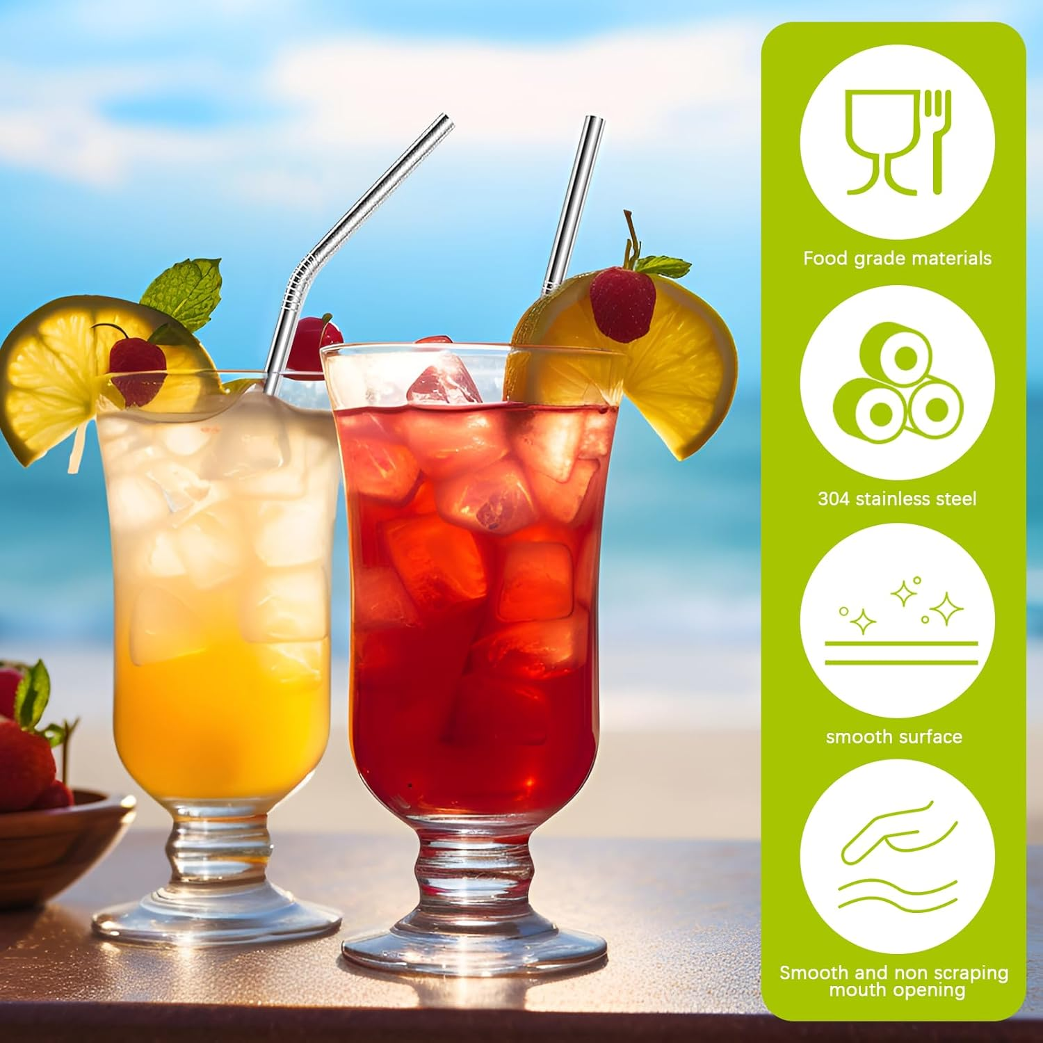 14 Pcs Stainless Steel Straws, Long Metal Straws, Reusable Metal Straw Set with Straight Bent Wide Straws, Straw Brushes and Straw Pouch for Smoothie Milkshake Cocktail Drinks (Silver) image number 2