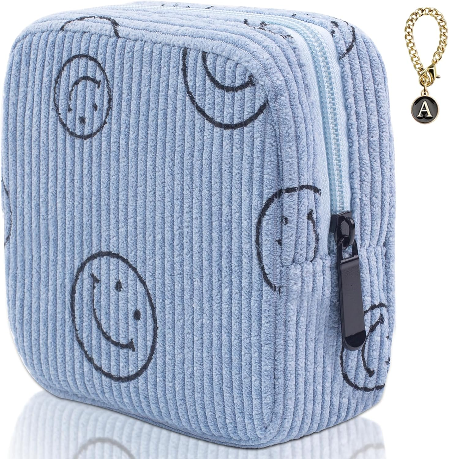 Teircno Sanitary Napkin Storage Bag,Preppy Corduroy Period Bag for Women, Cute Smiley Face,Portable Period Pouch with Zipper, Sanitary Pads Bag Tampons Holder for Purse, First Period
