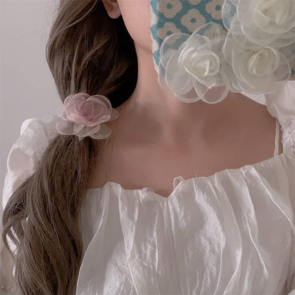 Hair Clips, Pink Flower Barrettes Hair Accessories for Women Girls Kids, Set of 2 Elegant Handmade Organza Camellia Headwear Wedding Styling Tools for Party Wedding Daily - Champagne image number 2