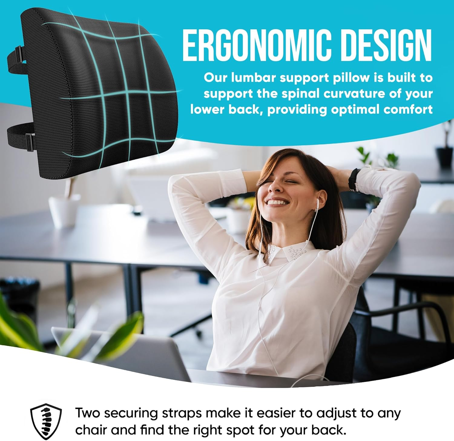 FORTEM XL Chair Cushion/Seat Cushion for Office, Lumbar Support for Chair, Back Support Memory Foam Pillow Washable Cover (Black, Mesh) image number 5