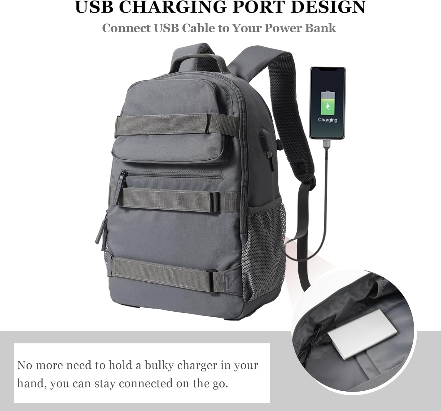 Skateboard Backpack, Large Skateboard Bag for Men and Women Laptop Bag with USB Port, for Skateboarding, College, Travel image number 2