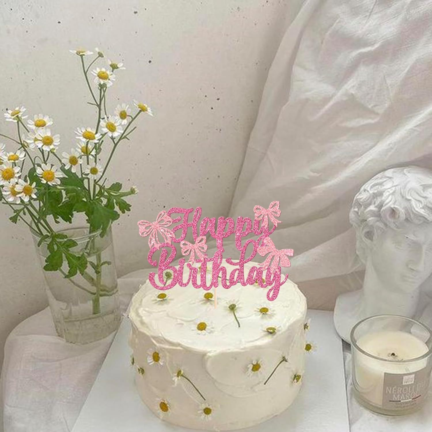 SYKYCTCY 1 Pack Bow Happy Birthday Cake Topper Glitter Coquette Cake Pick Decorations for Girls Women Birthday Theme Baby Shower Party Supplies (Pink) - Pink image number 5