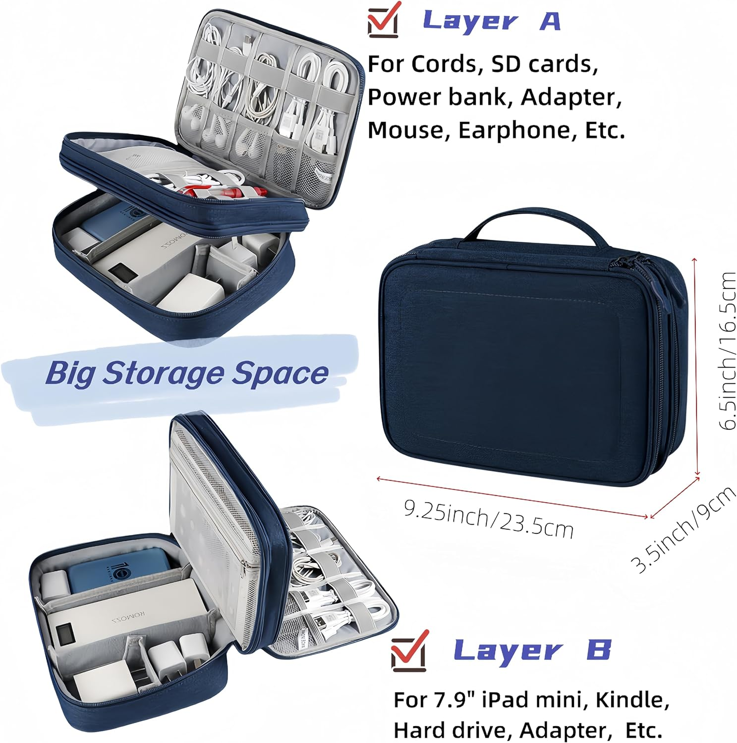 Travel Electronics Organizer Waterproof Double Layer Cable Storage Bag for Electronic Accessories, Large Shockproof Case for Cords, Tablets, Power Banks Organizer Bag MT-Y (Pink) image number 3