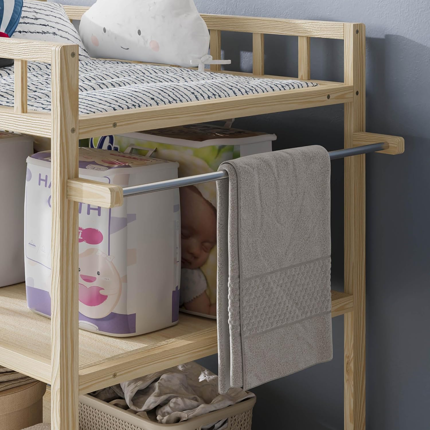 Baby Changing Table with Storage Shelves, Wooden Portable Nursery Diaper Changing Station for Infants, Children'S Room, Bedroom, Natural, Pine Wood image number 1