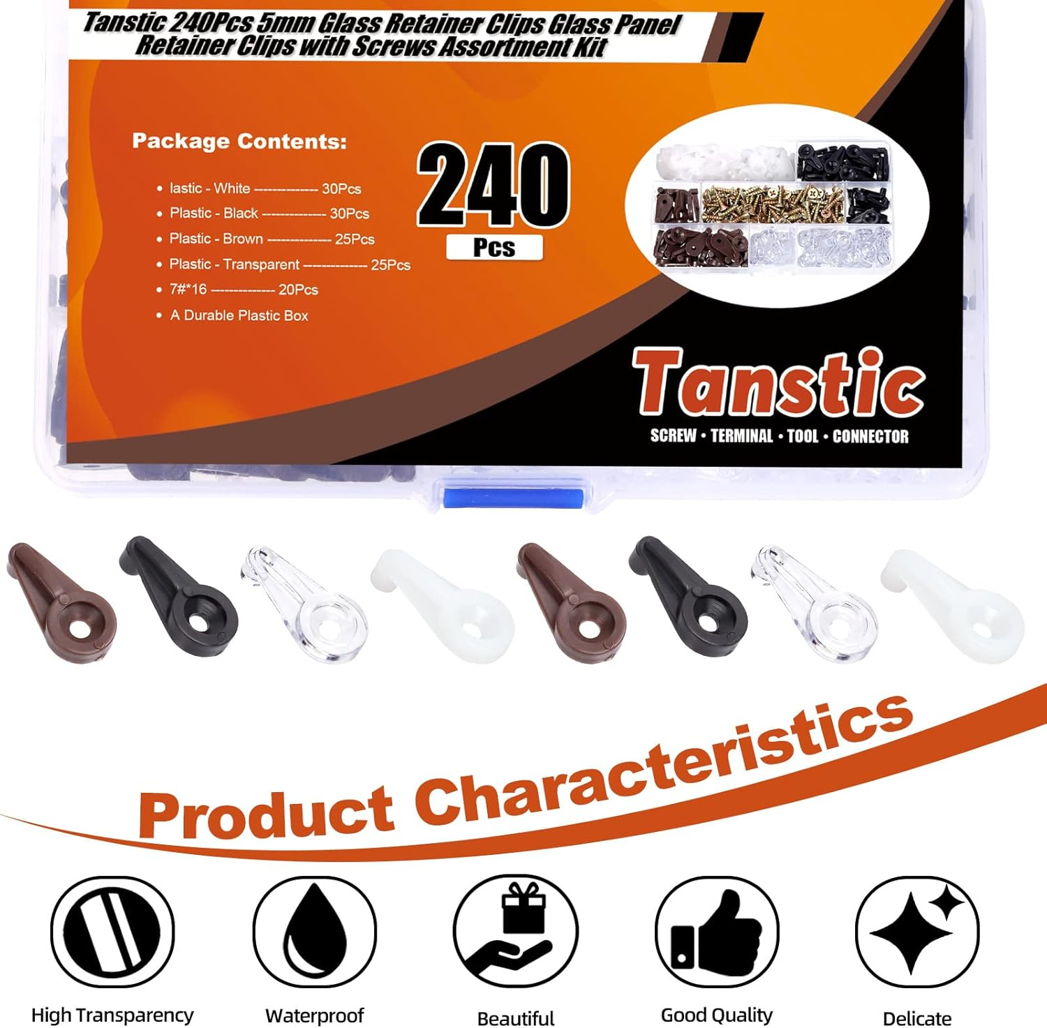 Tanstic 240Pcs Glass Retainer Kit, 4 Colors 4Mm Cabinet Clips, Door Retainer, Plastic Mirror Clips with Screws for Fixing Glass Doors (White/Transparent/Brown/Black) image number 2