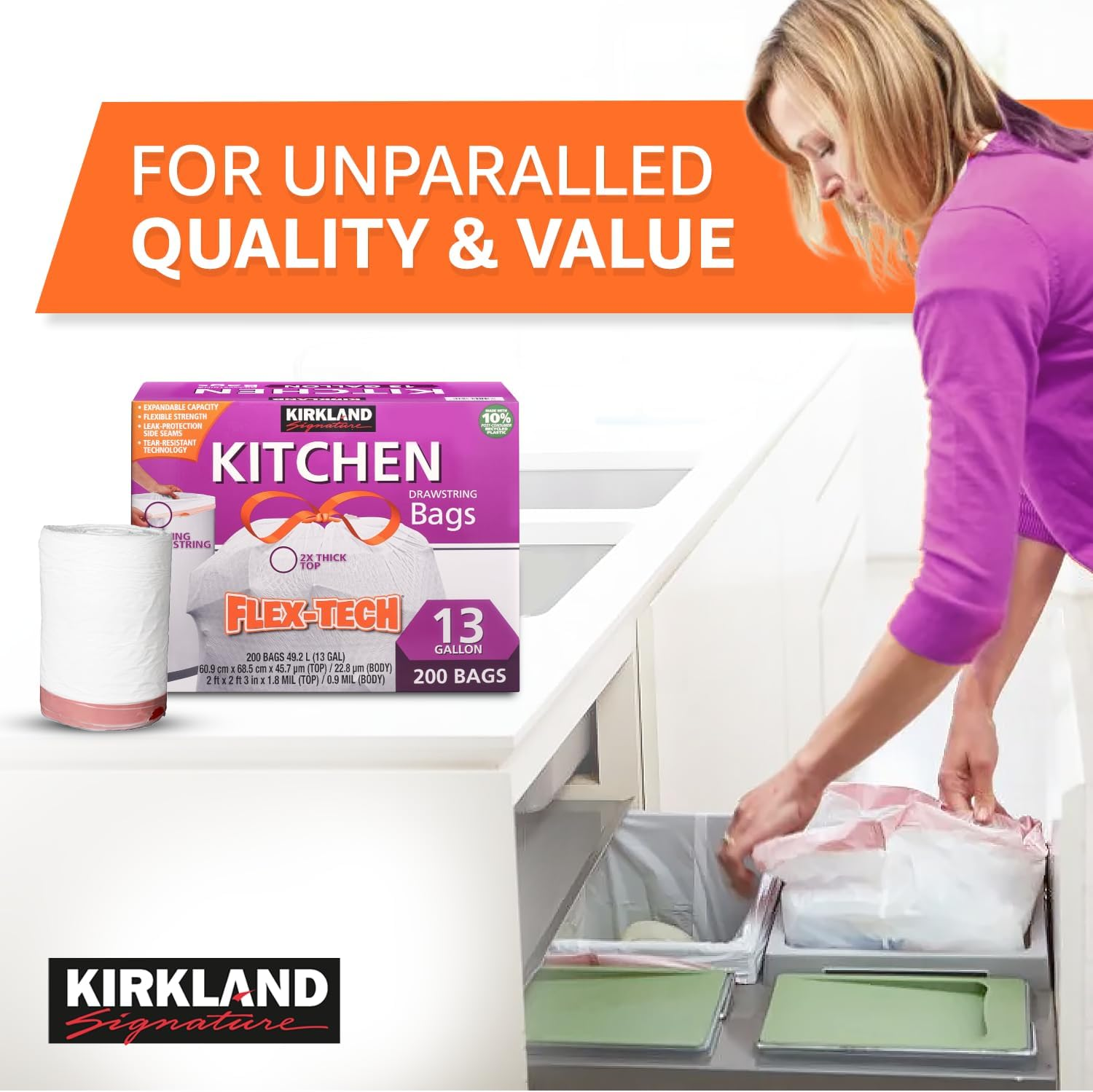 BD Kirkland Signature Drawstring White Kitchen Trash Bags, 13 Gallon, 200 Count image number 3