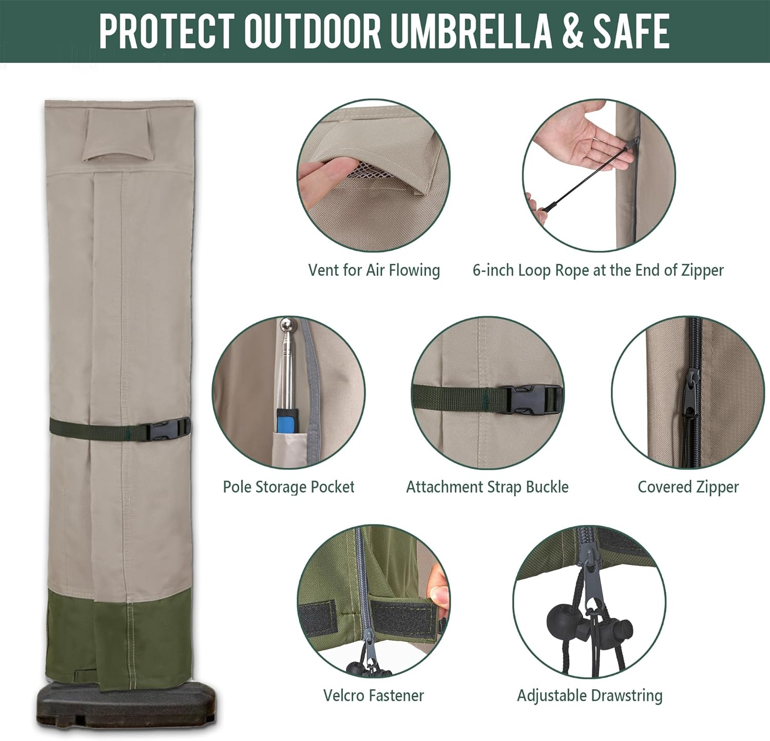 Rachmi Patio Cantilever Umbrella Cover for 9-13 Ft Umbrellas, 600D Water-Resistant UV & Fade Resistant Cover Fits round / Square Outdoor Garden Offset Parasol with Zipper & Rod, Khaki-Green image number 4