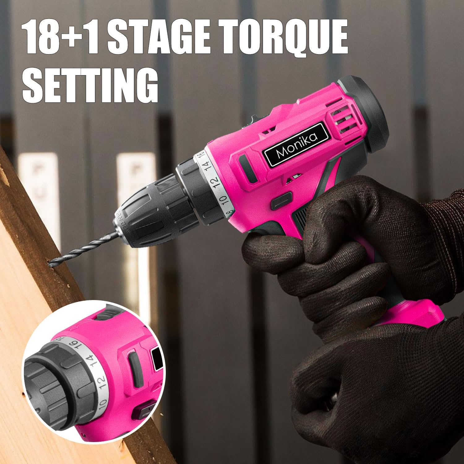 Monika 12V Pink Lithium Cordless Drill Bit Set Kits Screw Bits Sockets 18+1 Torque Setting, LED Light, Electric Power Drill Driver for Home, Office DIY and Wall Drilling, Wood, Metal W/Battery image number 4