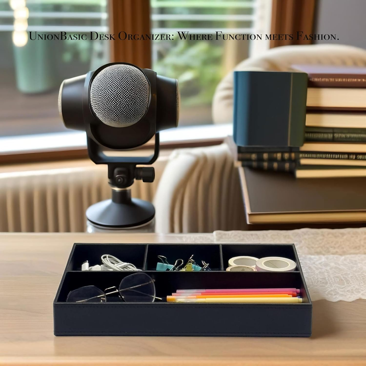 Unionbasic Flat 4-Slot Leather Desk Drawer Tray Stationery Sundries Gadget Organizer Storage Box Pen Pencil Holder Case Container, Black image number 4