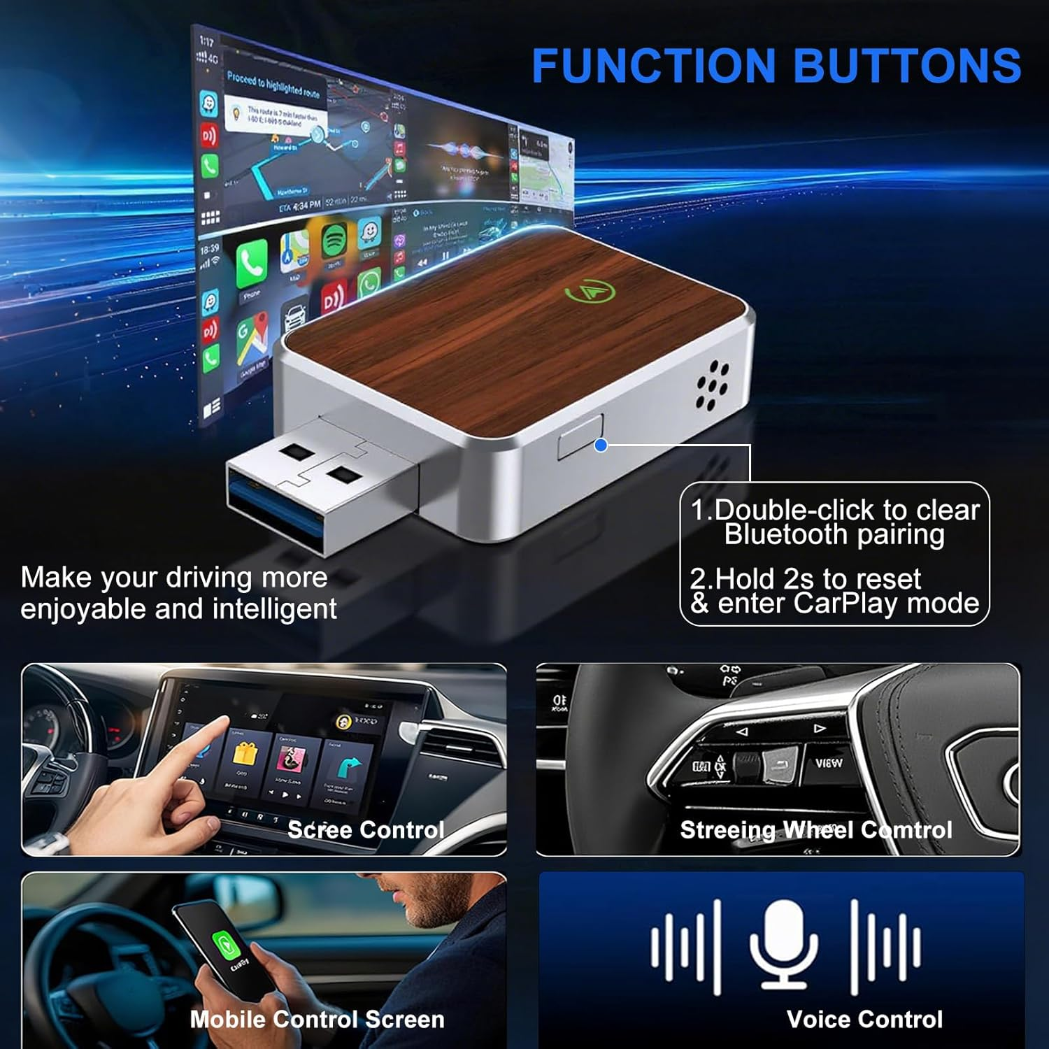 Wireless Carplay Adapter, 2 in 1 Carplay & Android Auto Adapter, Convert Wired to Wireless Car Play Dongle, with Extension Cord, Plug & Play, for Iphone Ios 12+ & Android 11+ image number 4