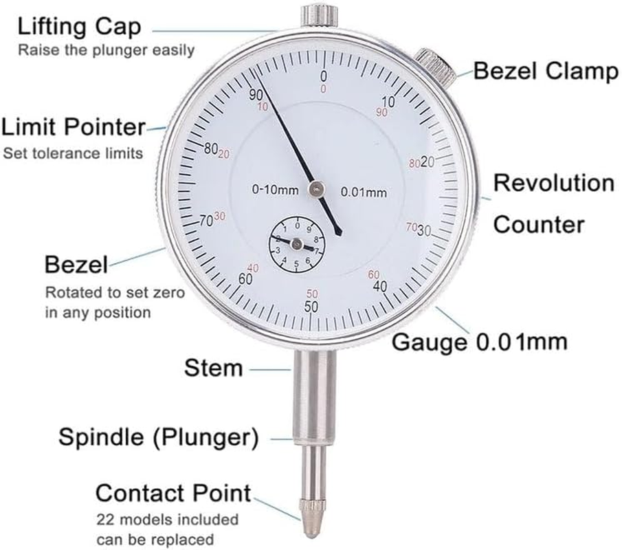 EZONEDEAL Dial Indicator with Magnetic Base Holder Fine Adjustable Long Arm 0-1" Tester Gage Gauge 0.001" Magnetic Base & 22 Point Precision Inspection Set image number 6