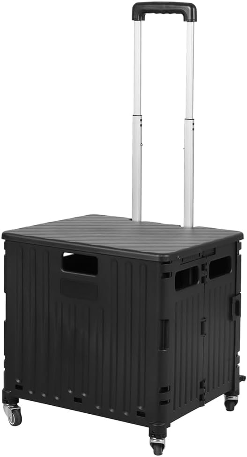 65L Shopping Trolley Cart Foldable Grocery Carts with Lid Collapsible Pack & Roll Folding Grocery Basket Crate Handcart Portable 4 Omni-Directional Wheels Aluminum Telescopic Handle (Black)