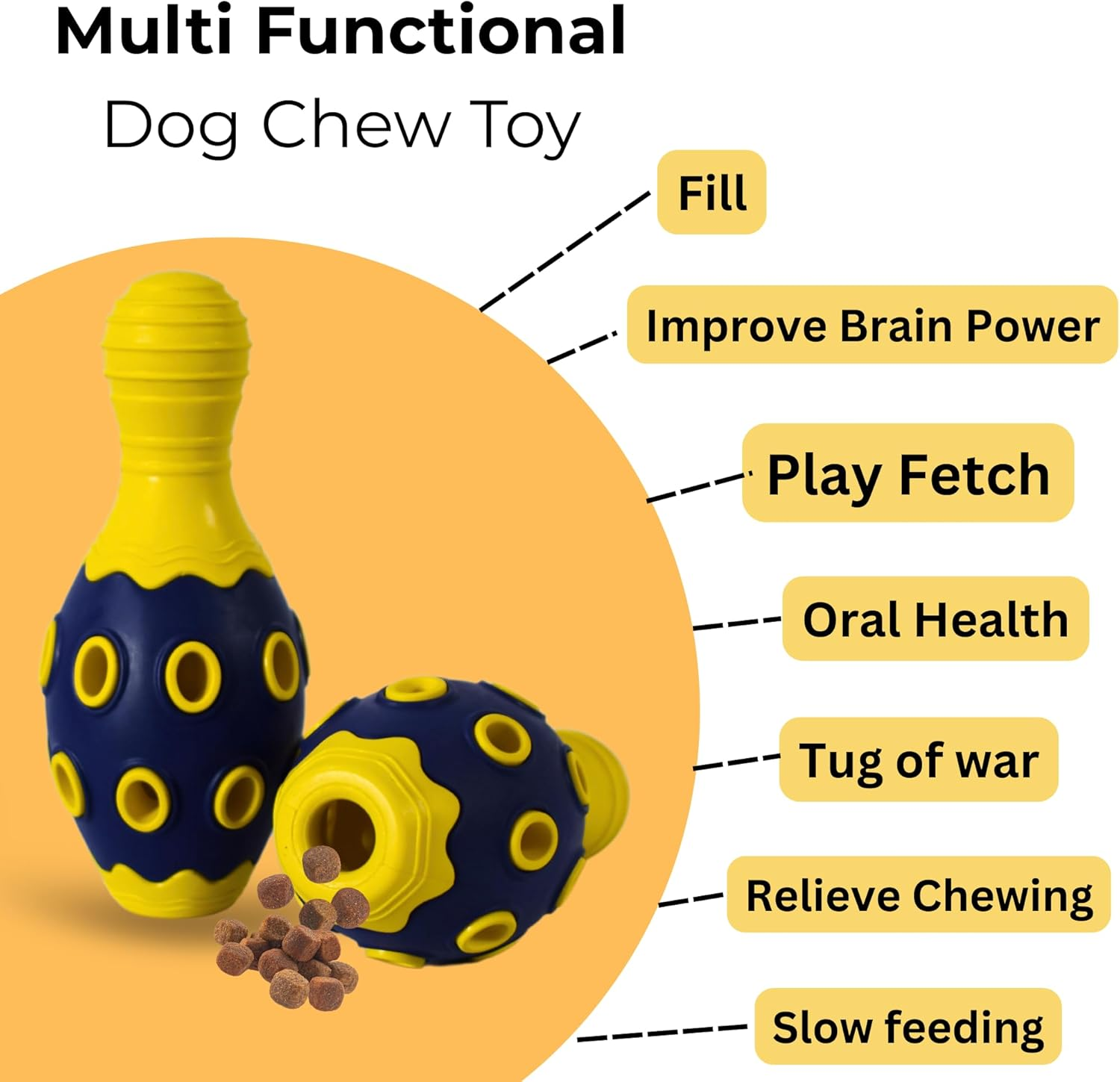 Tuggy Dog Chew Toy,Tough Durable, Bowling Pin Interactive Dog Toys, Food & Treat Puzzle Slow Feeder Dispenser, IQ Mental Stimulation & Enrichment, Small Meduium Large Breed (Yellow/Navy) - Pink/Blue image number 5