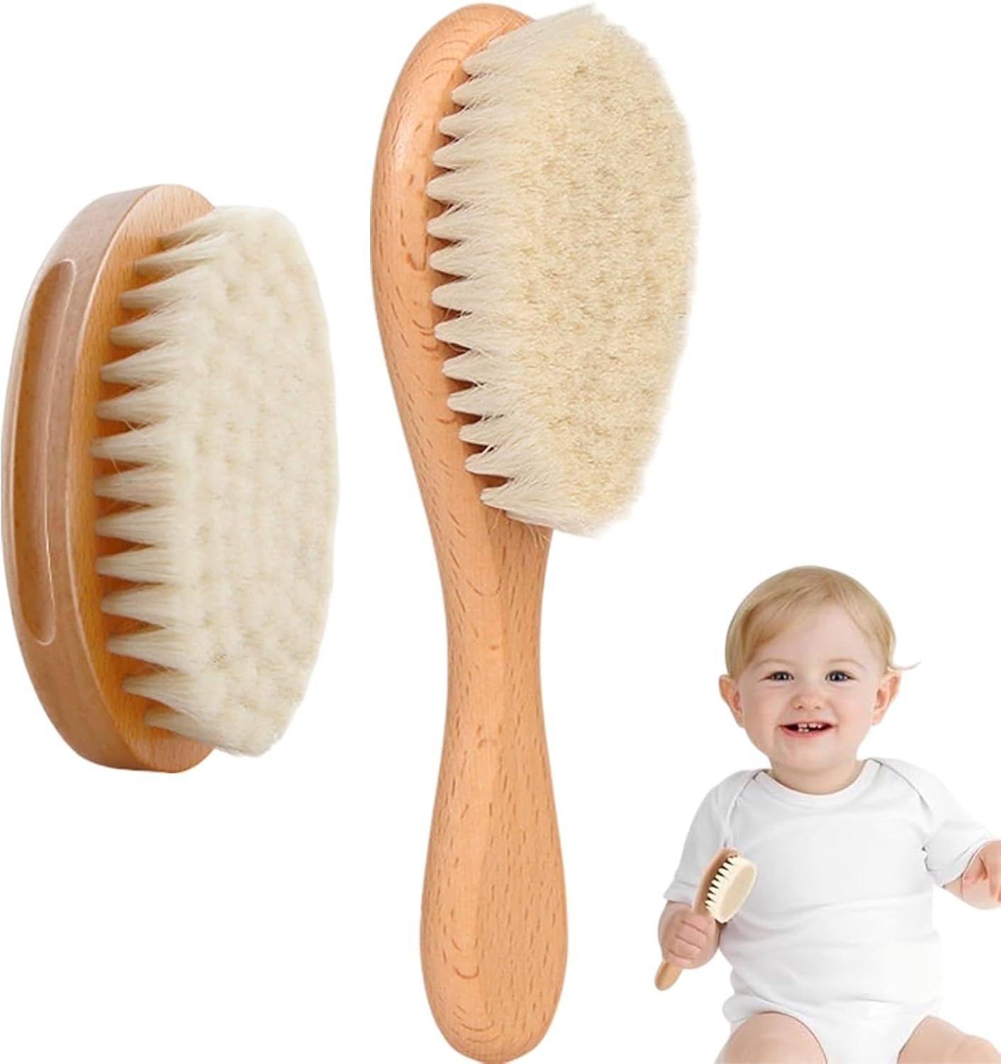 Baby Hair Brush, Wood Handle Goat Bristles Brush and Oval Natural Wool Comb for Newborns & Toddlers, Good for Cradle Cap Brush 2PCS image number 3