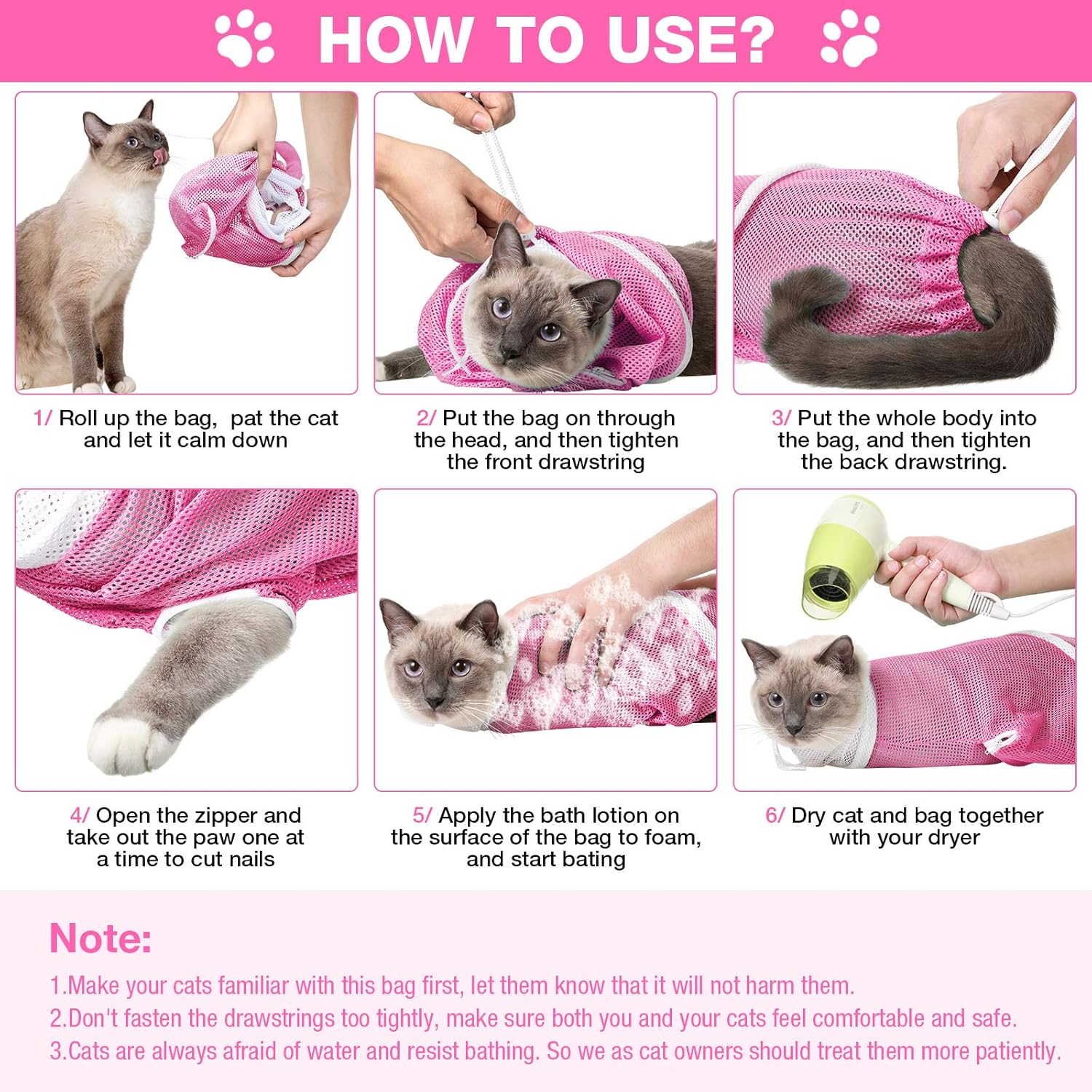 Cat Shower Net Bag Grooming Bathing Adjustable Washing Bag Multifunctional Cat Restraint Accessories Prevent Biting Scratching, Nail Trimming, Ears Clean, Keeping Calm(Pink) - Grey image number 4