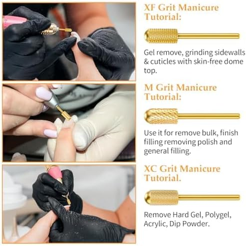 Jerssamy Nail Drill Bit Set,3 Pcs Safety Bits for Nails Drills,Carbide Nail Drills Bits for Manicure Pedicure Cuticle,Smooth round Nails Drill Bit(Xc & M & XF Gold) image number 2