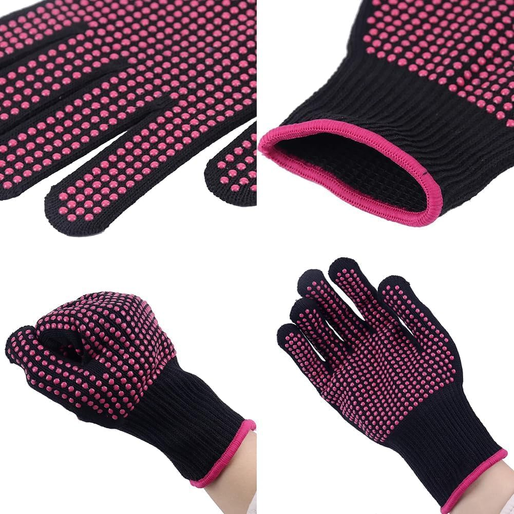 2Pcs Professional Heat Resistant Glove with Silicone Bumps for Hair Styling Curling Iron Wand Flat Iron Hot-Air Brushes Prevent Palm Burns