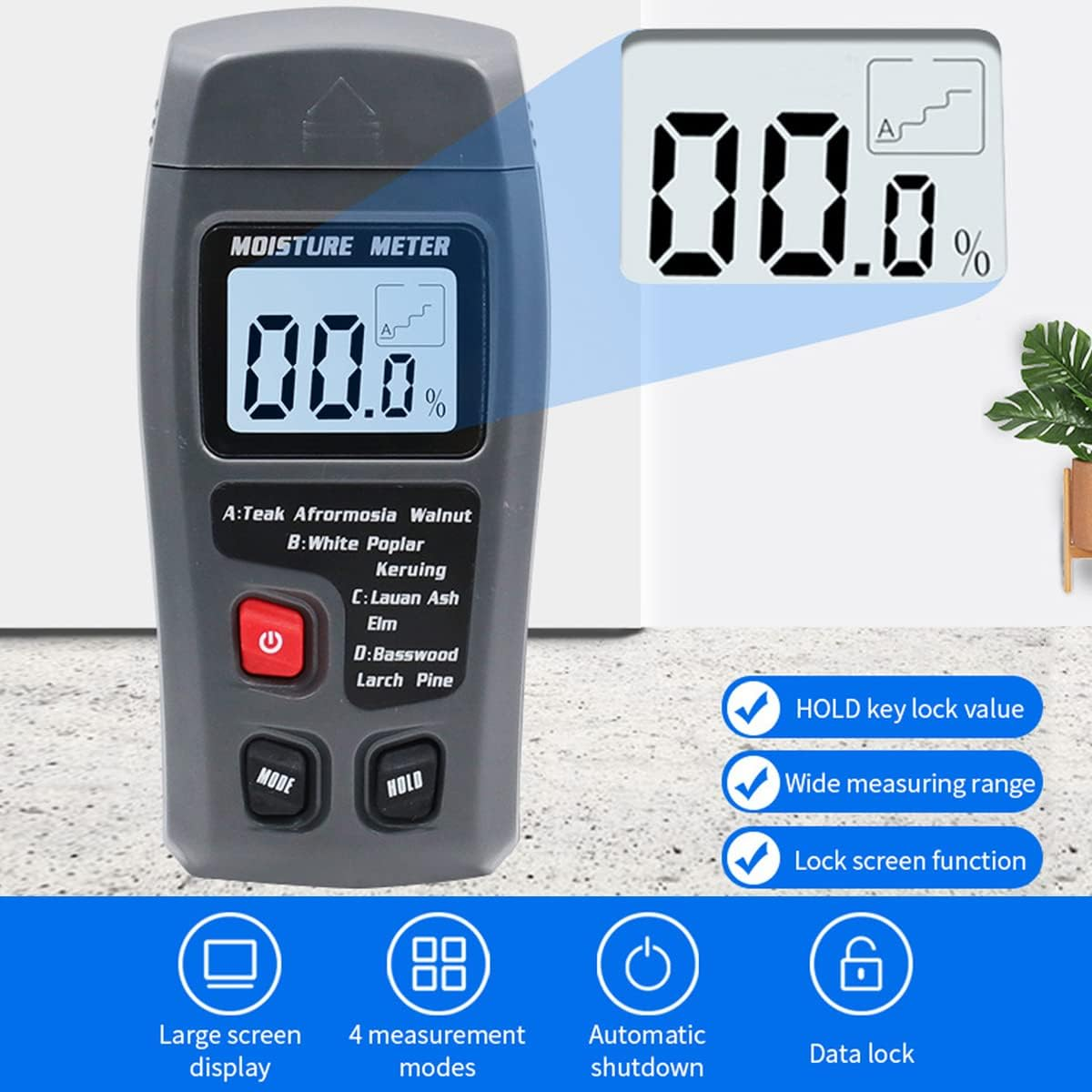 Wood Moisture Meter, Digital Moisture Detector, Portable Hygrometer, 9V Digital Moisture Detector with 4 Modes Handheld Water Leak Detector LCD Display (Black) image number 2