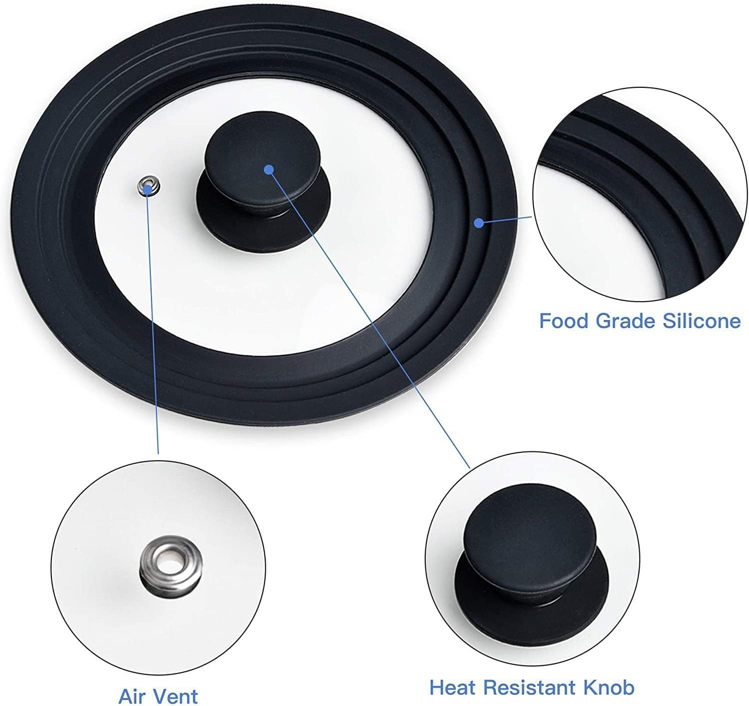 Bytebliss Universal Lid (Set of 2) - Silicone Ring for 16/18/20 Cm and 24/26/28 Cm Diameter Pots and Pans, Space Saving, Graduated Edge Design, Steam Hole Glass Lids, Dishwasher Safe image number 5