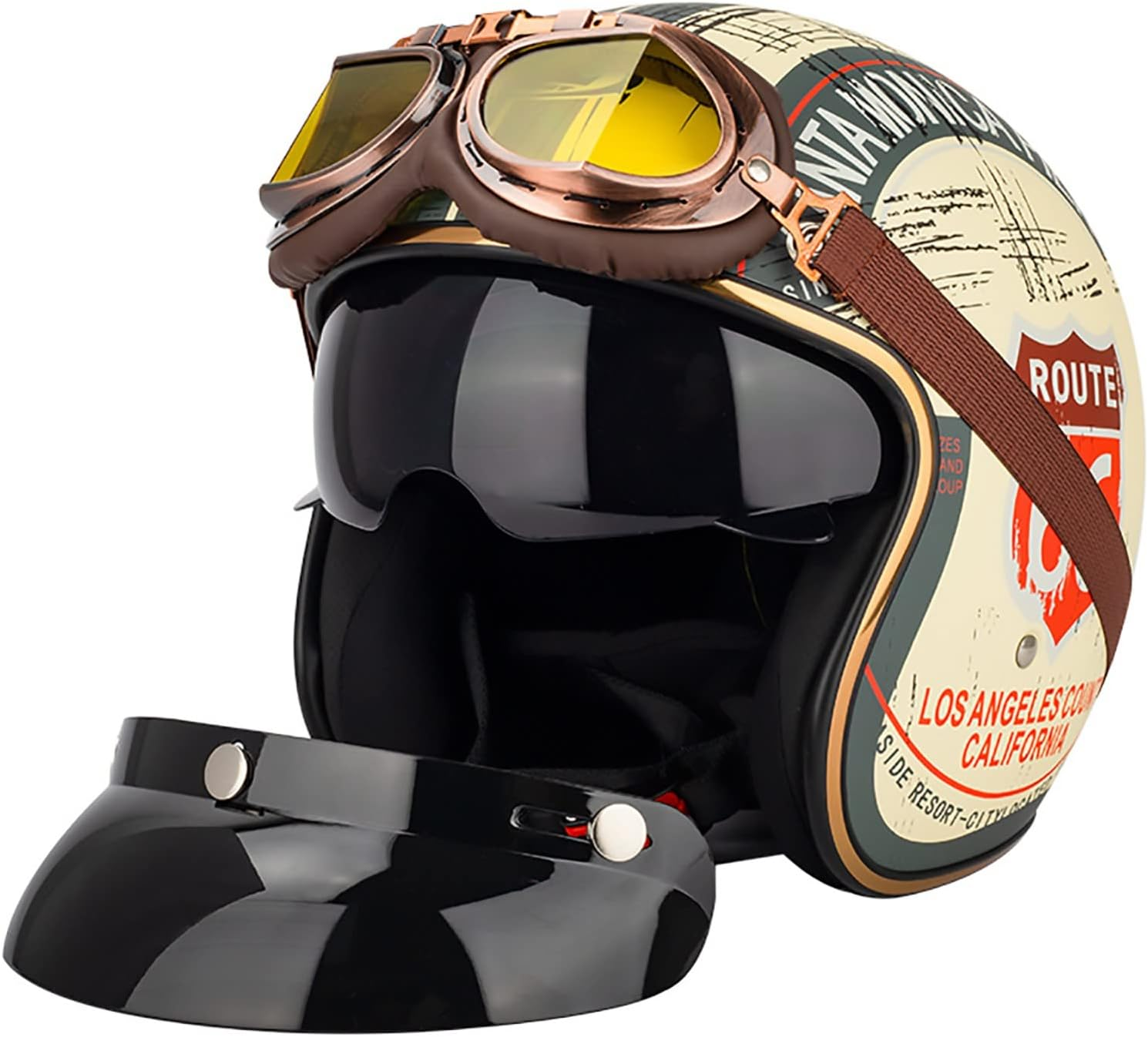 Retro Half Helmet Motorcycle Open Face Helmets 3/4 Half Helmet Men and Women Adults ECE Certification Vintage Biker Cruiser Scooter Touring Helmet with Goggles E,2XL=63-64CM image number 1