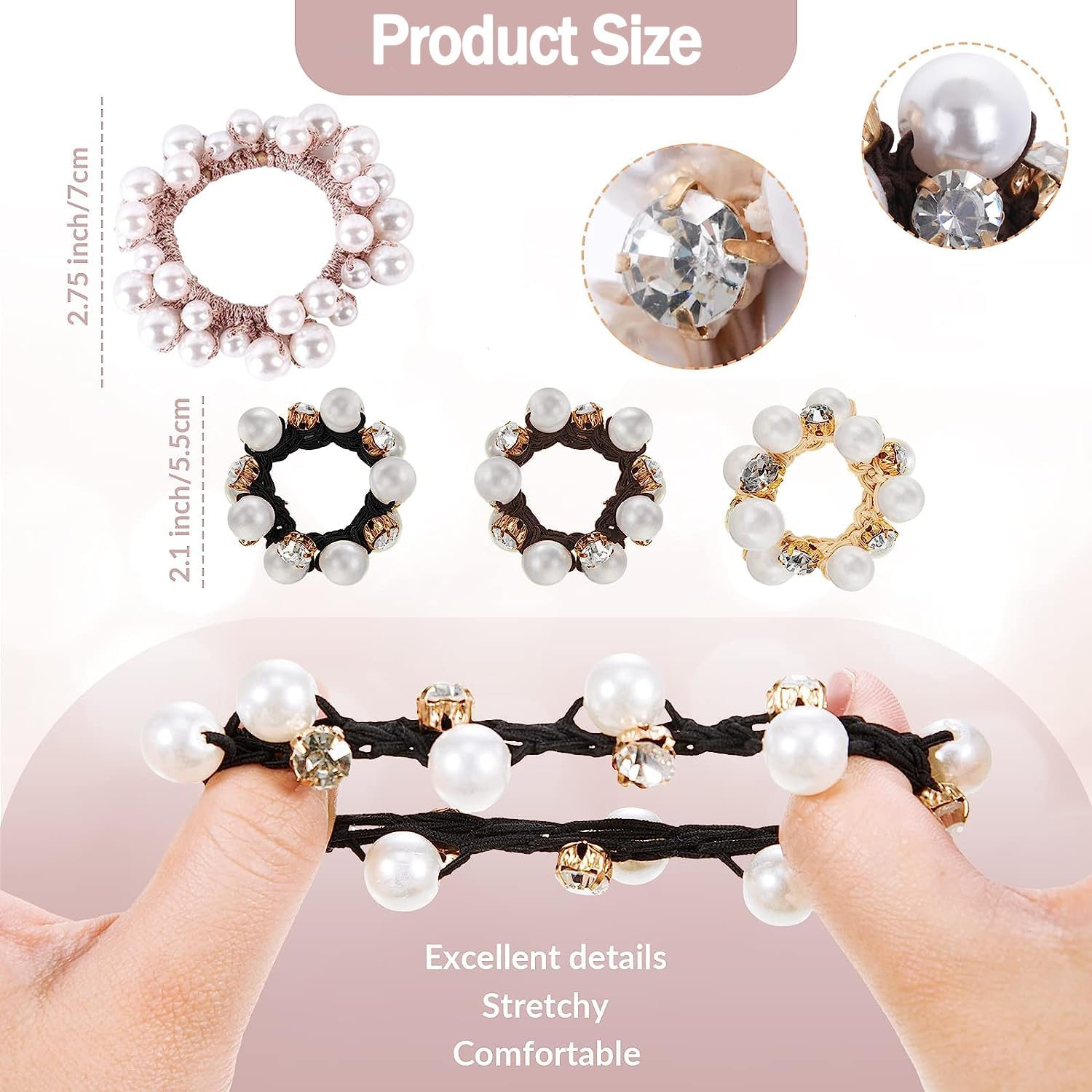 Taicols Pack of 4 Scrunchies Crystal Pearl Hair Bobbles for Women, Pearl Hair Accessories, Hair Ropes, Hair Bobbles, Strong Elastic Stretchy Hair Bands, Crystal Ponytail Holder, Hair Bobbles for Women and Girls image number 1